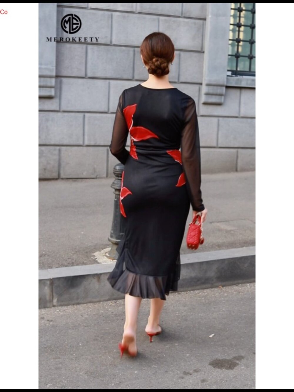 MEROKEETY Women's Long Sleeve Bodycon Midi Dress Mesh Wedding Guest - Picture 6 of 6